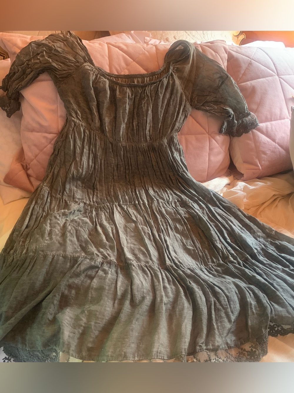 Vintage Custom two piece set with Olive Green Boho Tiered Dress & cardigan